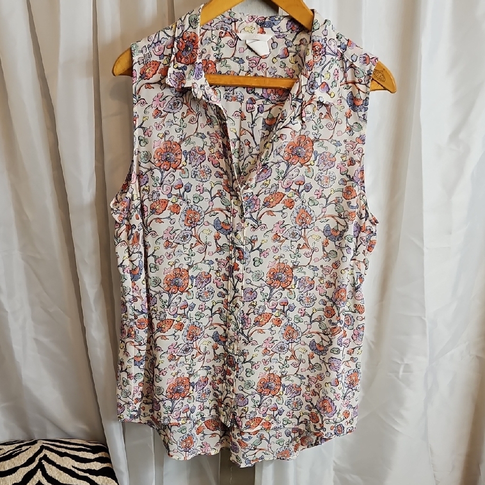 H&M Floral Button-Up Sleeveless Blouse - Multicolor Chiffon. Sz 14